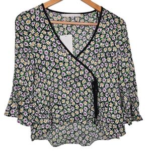 Zara Trafaluc Collection Colorful Daisy Floral Wrap Crop Blouse Size Small